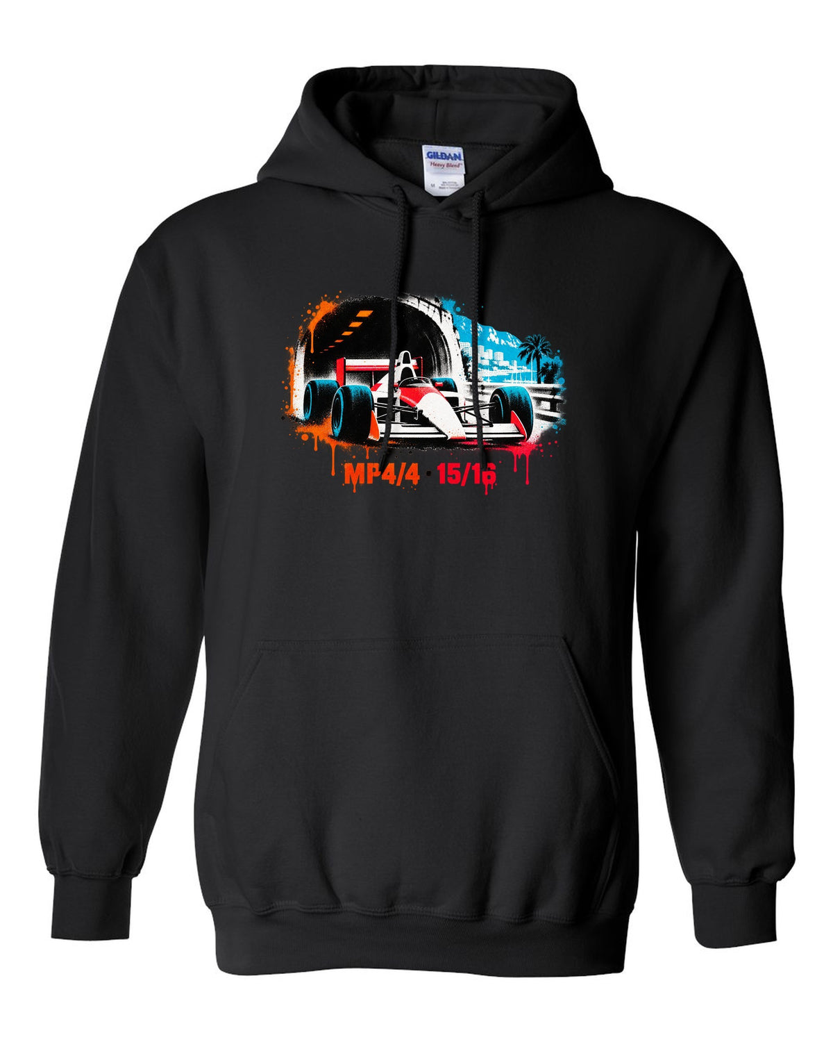 Stencil spray art of the McLaren MP4/4 Formula 1 car with 15/16 lettering black pull over hoodie front view with the design