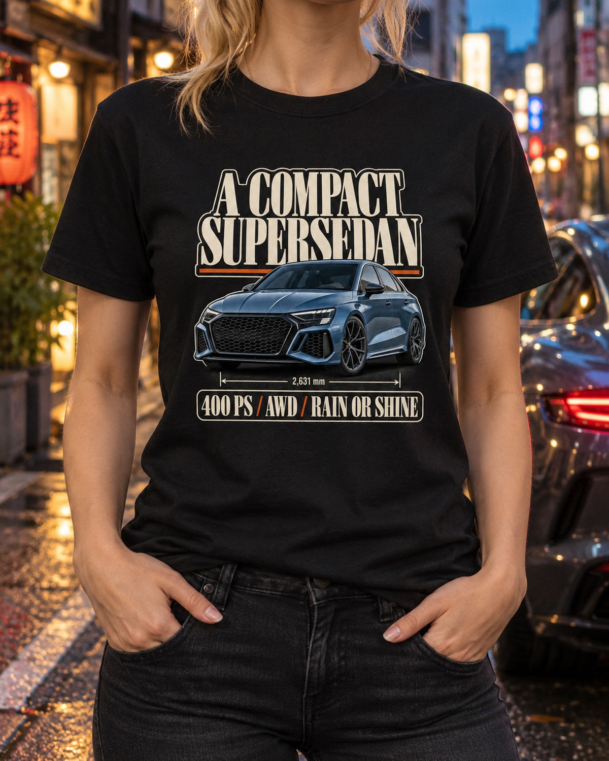 Audi RS3 8Y Compact Supersedan Editorial Headline Shirt T-Shirt Black worn hero