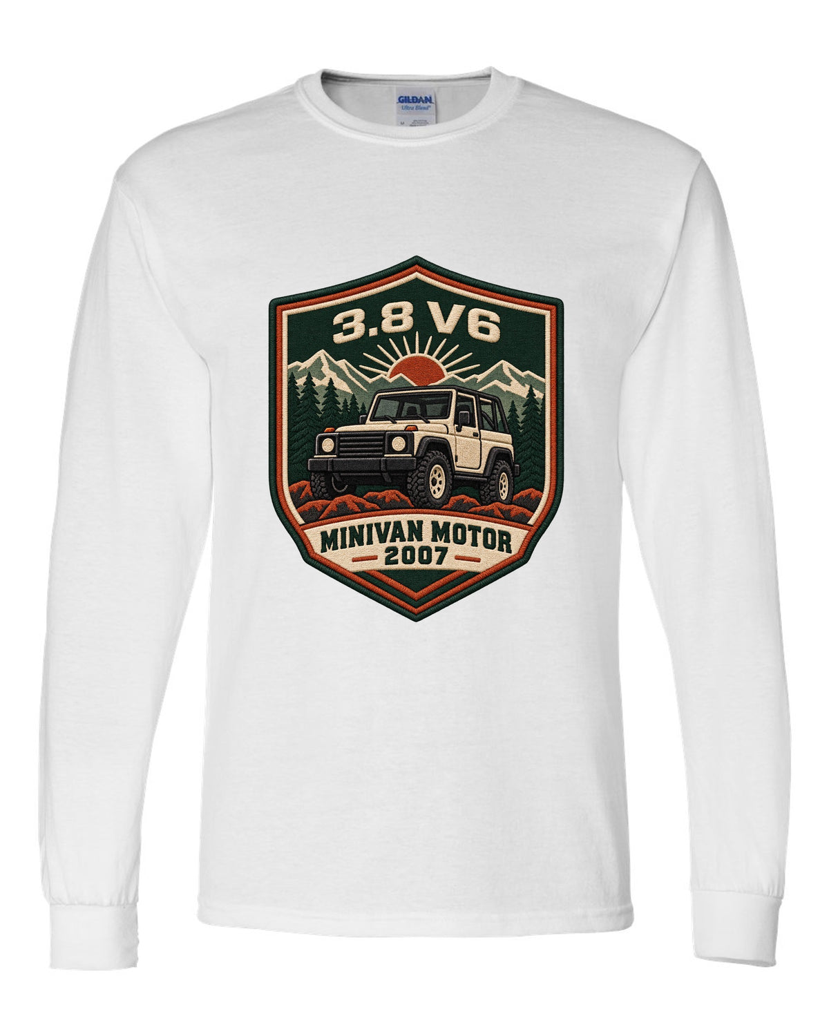 Jeep Wrangler JK varsity crest design with 3.8 V6 minivan motor 2007 text white long sleeve front view with the design