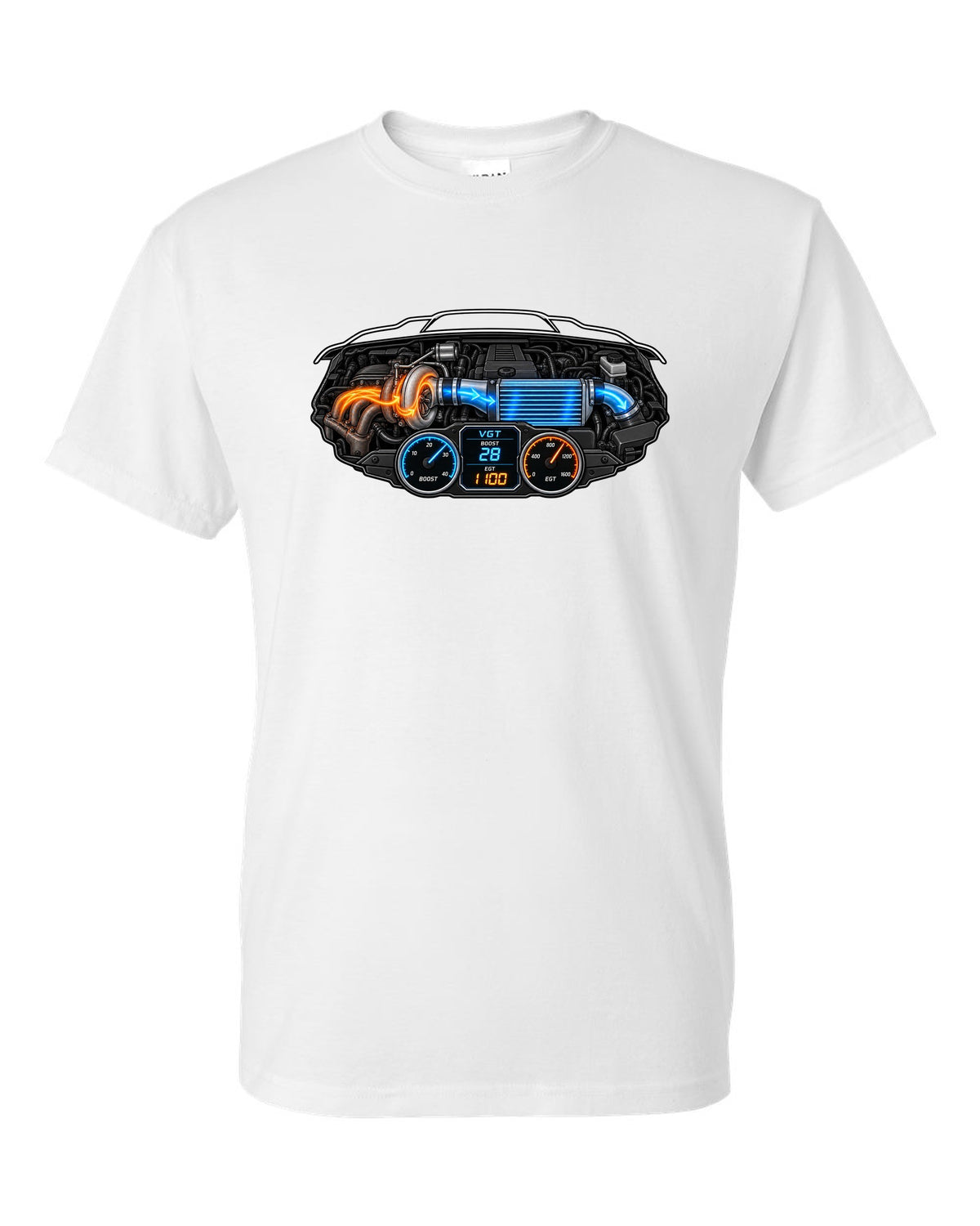 Gauge-cluster HUD print of a 2003-2009 Dodge Ram 3rd gen 5.9 compound turbo with VGT boost 28 EGT 1100 text white t-shirt front view with the design