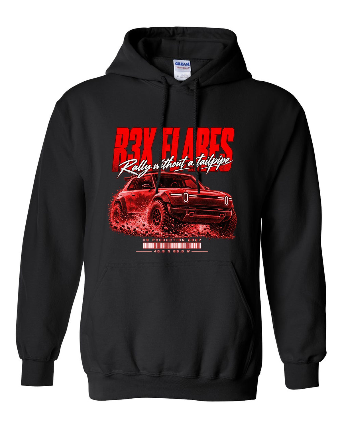 Rally street poster print of a 2027 Rivian R3X with flared arches black pull over hoodie front view with the design