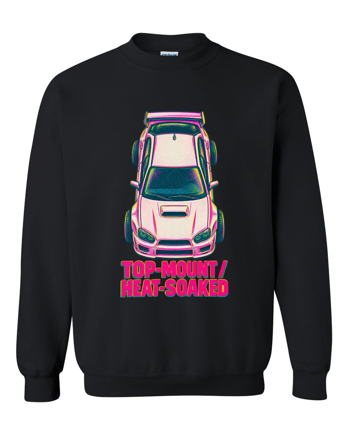 Risograph top view of a Subaru Impreza WRX GDB Blobeye with heat-soaked text black crewneck front view with the design