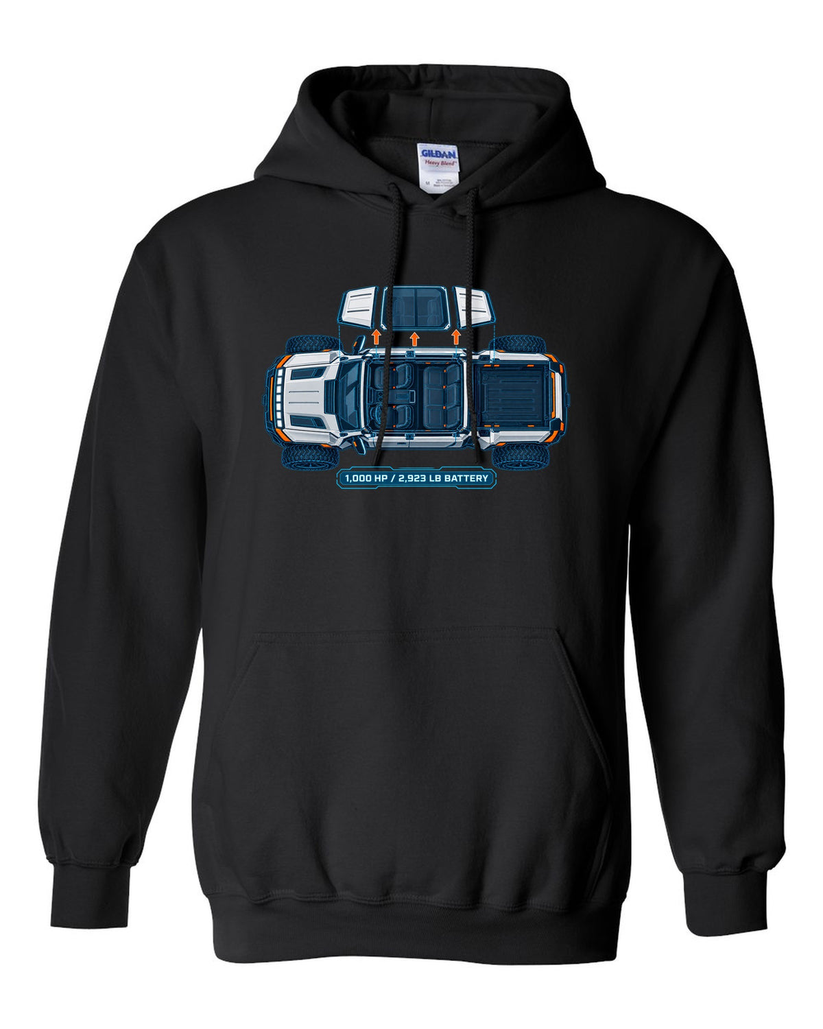 GMC Hummer EV roof panels shown as a white and cyan blueprint with 1,000 HP and battery weight black pull over hoodie front view with the design