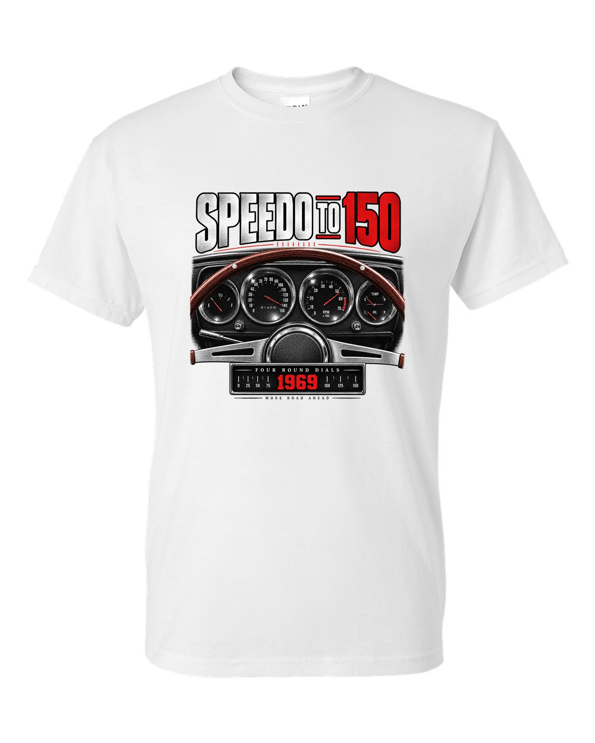 Cockpit gauge print of a 1969 Dodge Charger R/T with four round dials and a 150 speedometer white t-shirt front view with the design