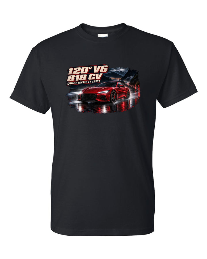 Ferrari 296 GTB on a night street print with 120° V6 and 818 CV text black t-shirt front view with the design