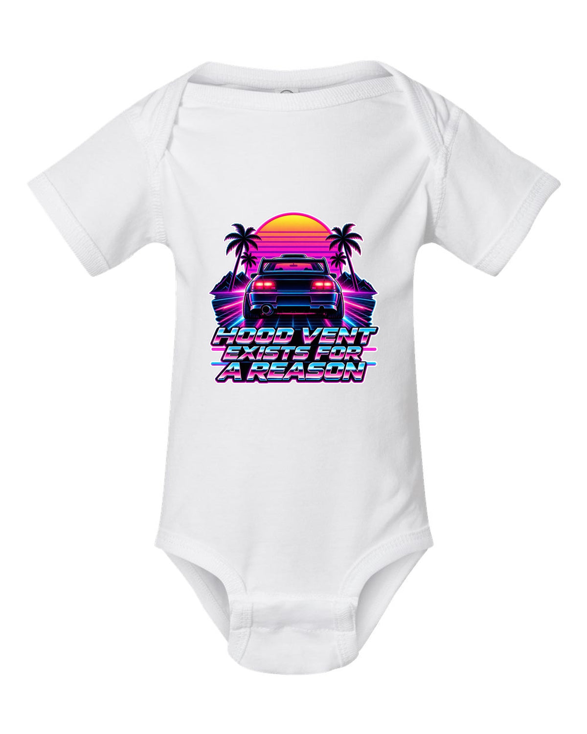 Synthwave outrun illustration of a Toyota Celica GT-Four ST205 with hood vent lettering white baby onesie front view with the design