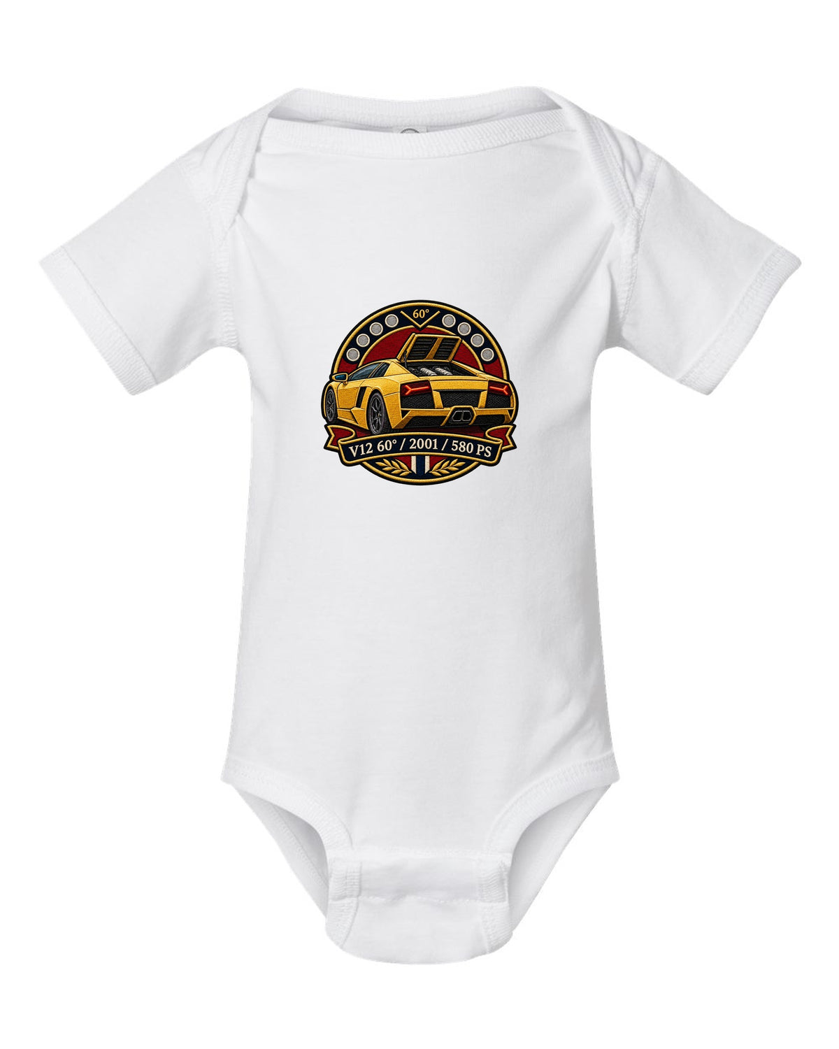 Embroidery-style varsity crest design of a 2001 Lamborghini Murcielago with V12 and 580 PS text white baby onesie front view with the design