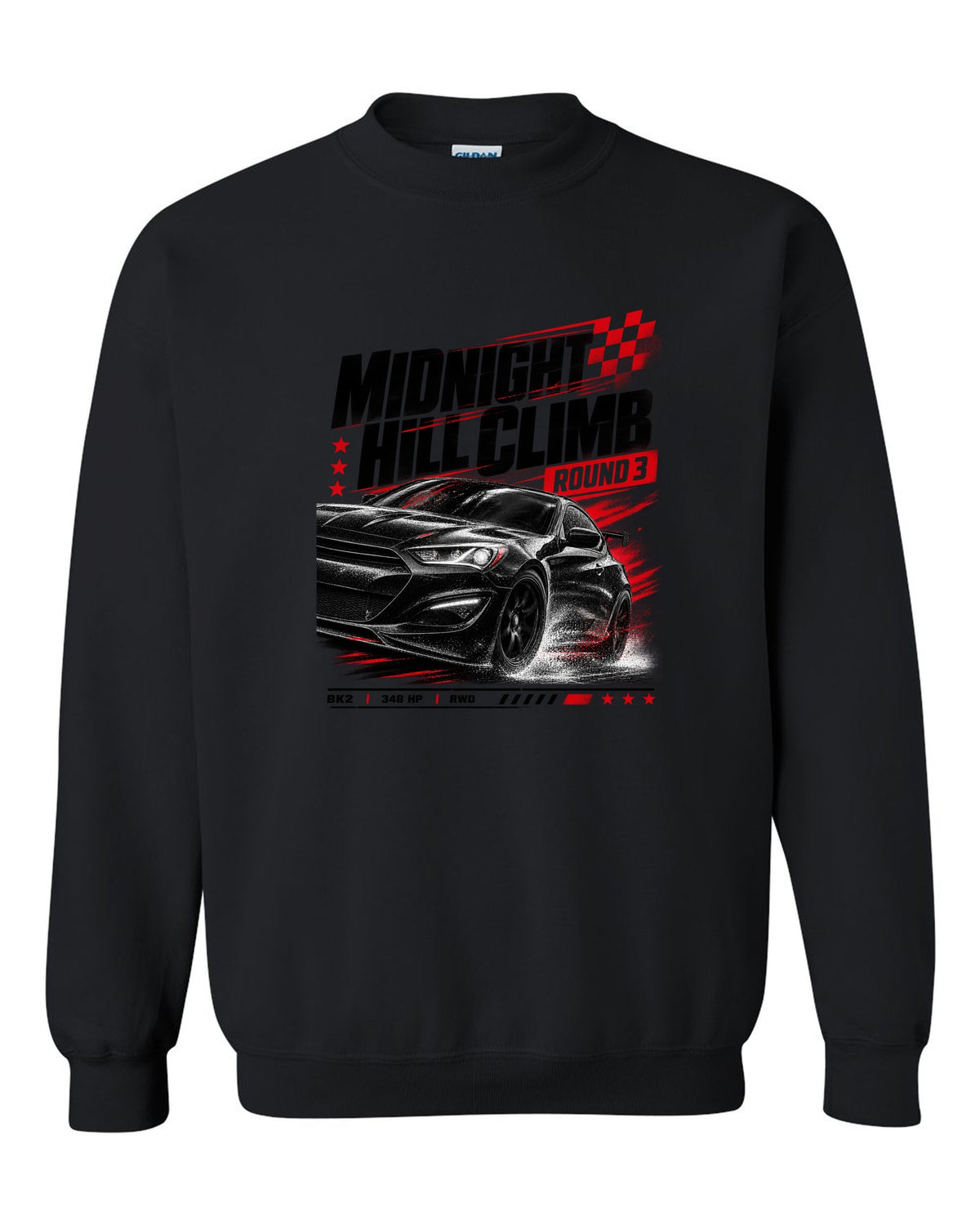 Hyundai Genesis Coupe BK2 midnight hill climb race poster black crewneck front view with the design