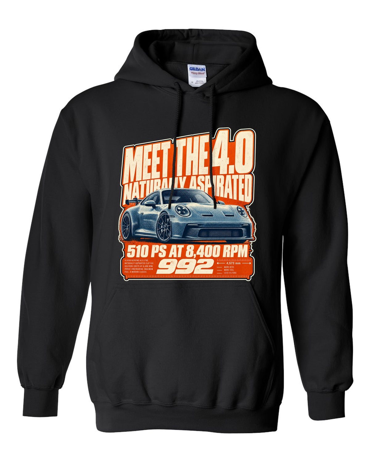 Porsche 992 GT3 halftone statement print design black pull over hoodie front view with the design