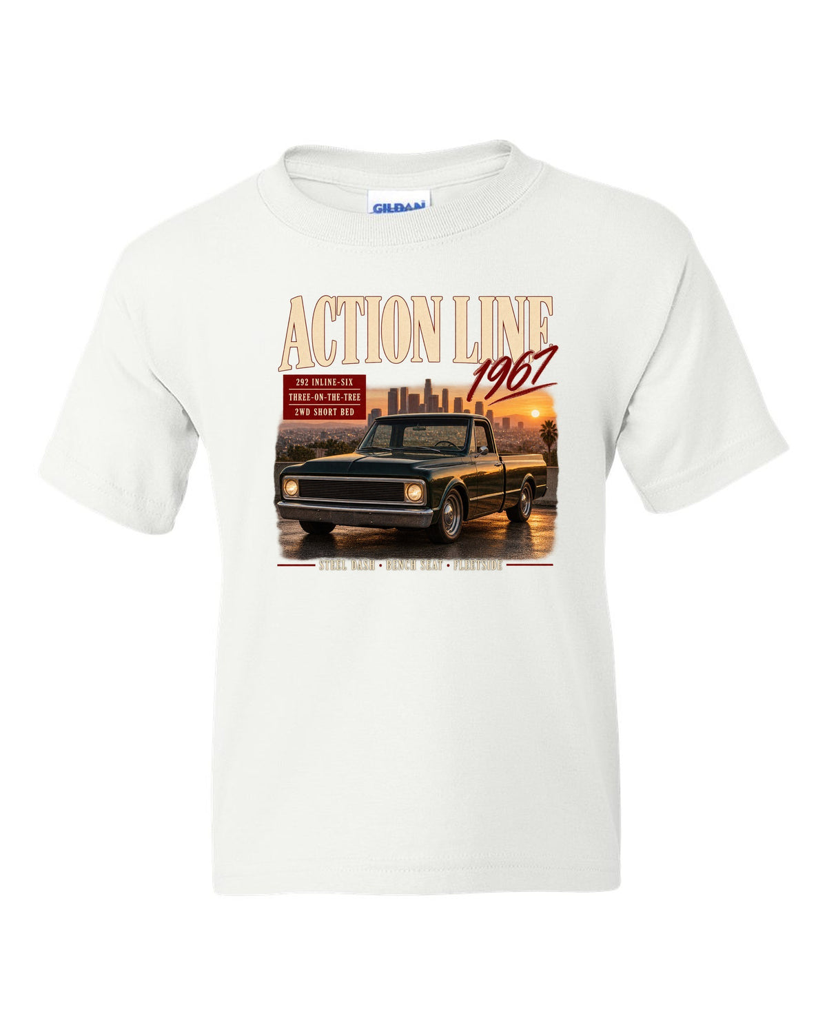 Archive panel print of a 1967 Chevrolet C10 Action Line Fleetside with 292 inline-six text white kids tee front view with the design