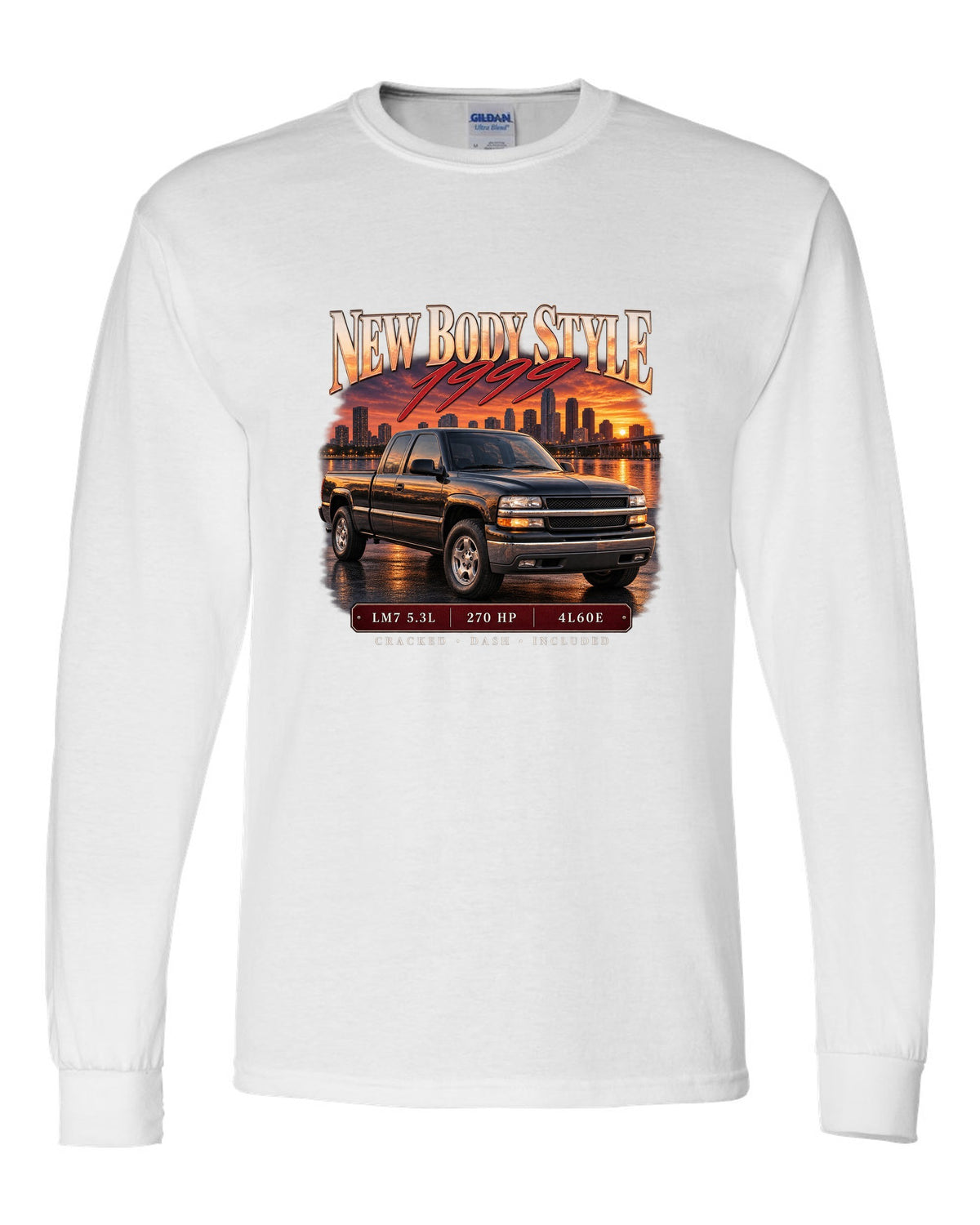 Archive panel print of a 1999-2006 Chevrolet Silverado GMT800 with LM7 5.3L text white long sleeve front view with the design