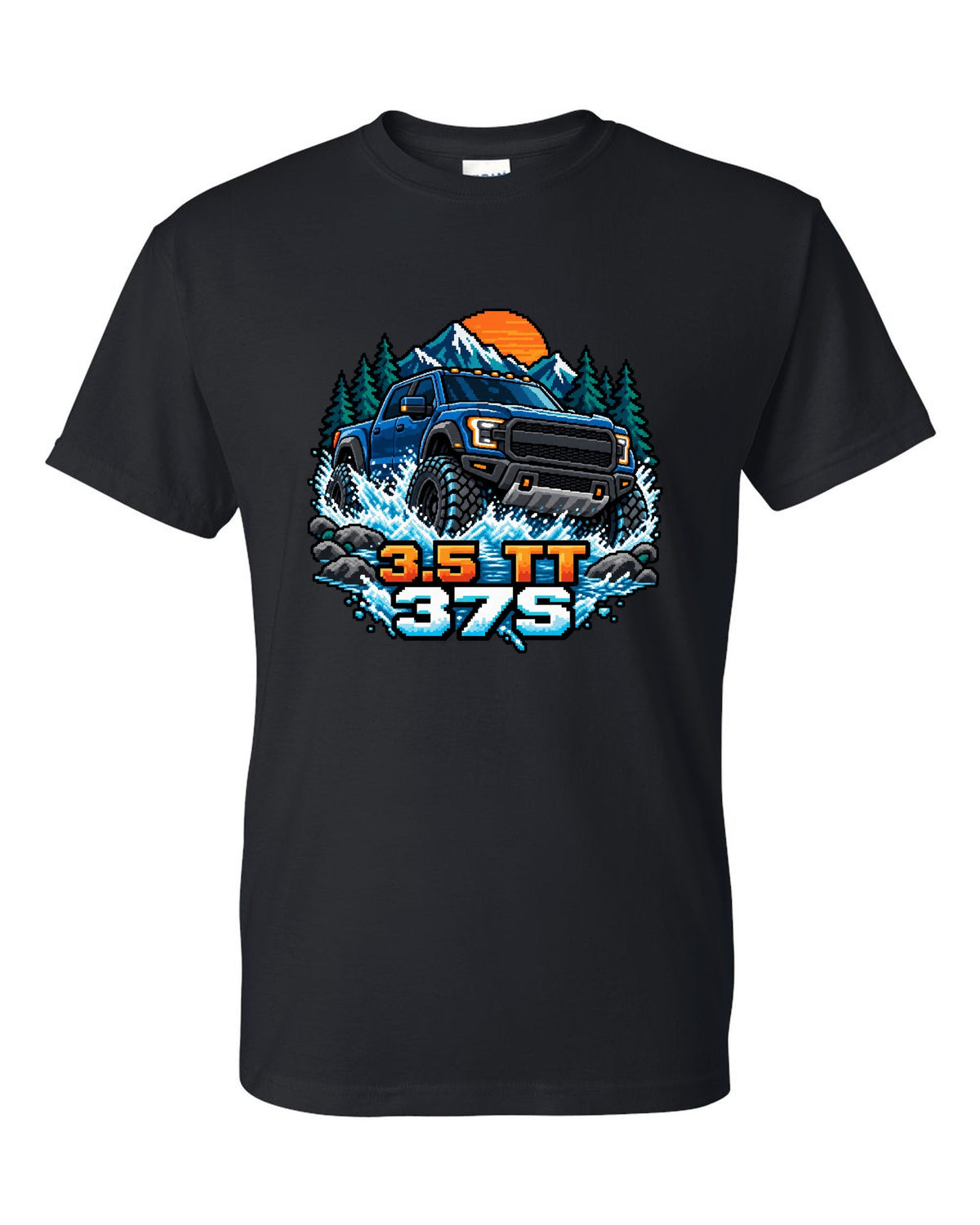 8/16-bit pixel art print of a Ford F-150 Raptor Gen 3 P702 crossing a river black t-shirt front view with the design