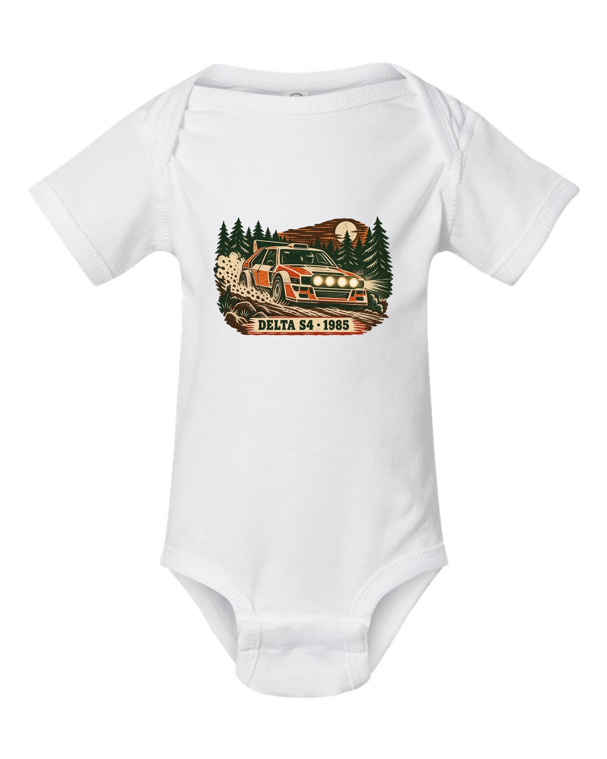 Multi-block linocut print of a 1985 Lancia Delta S4 on a forest rally stage white baby onesie front view with the design