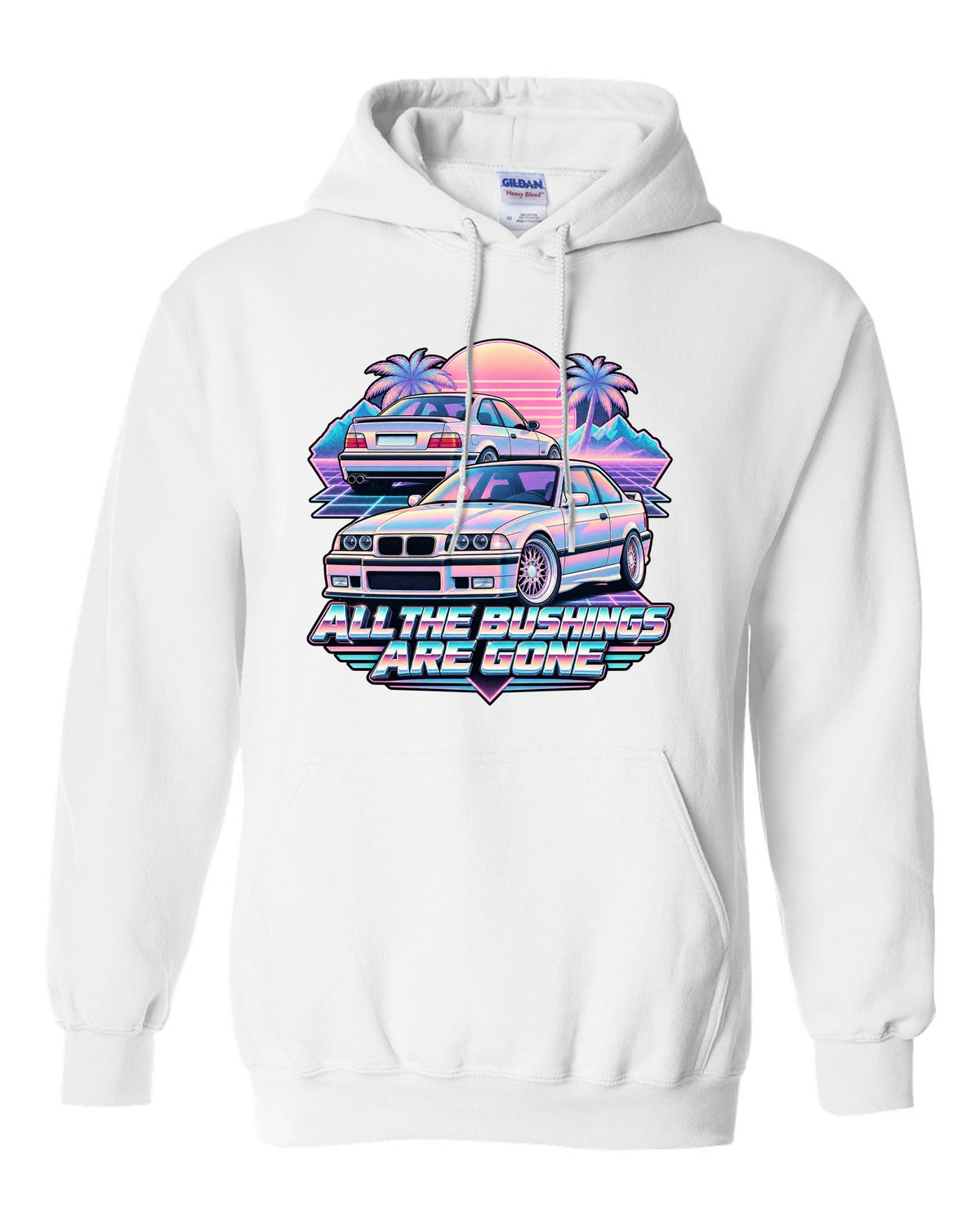 Vaporwave print of a BMW E36 M3 taillight with all the bushings are gone text white pull over hoodie front view with the design