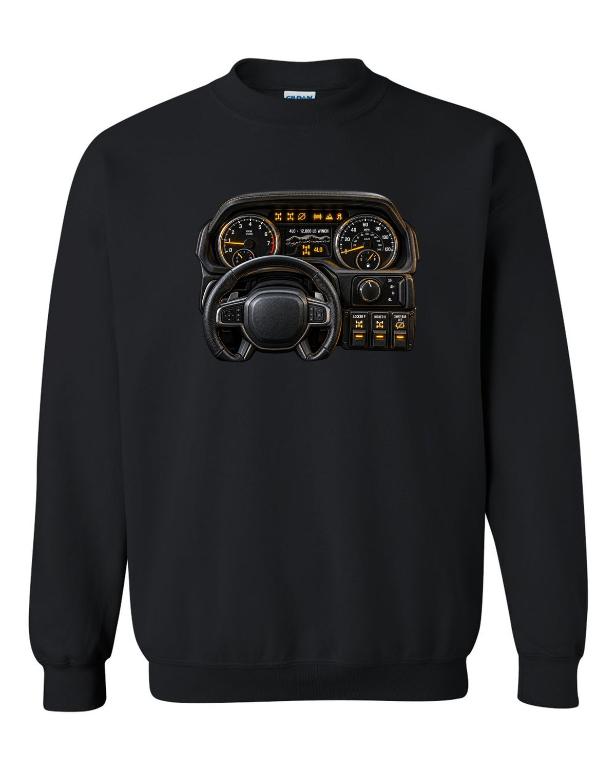 Cockpit gauge print of a Ram 2500 Power Wagon showing locker and sway bar readouts black crewneck front view with the design