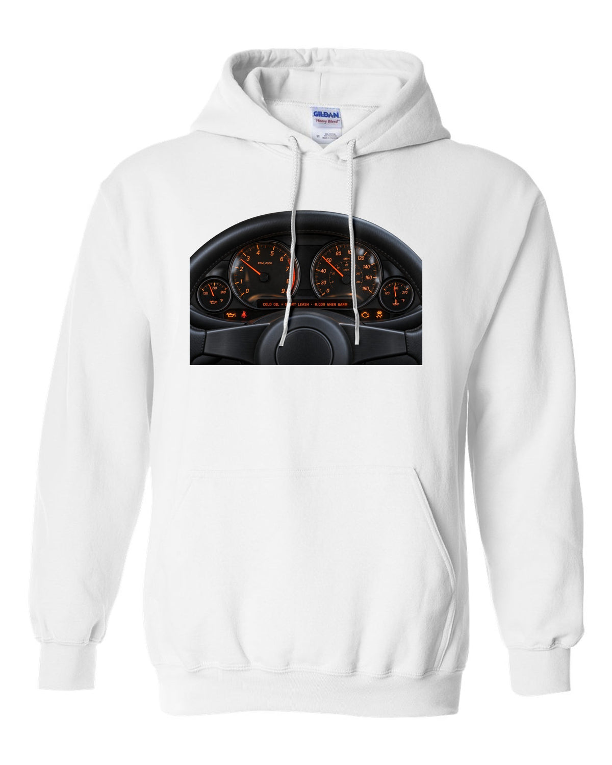 BMW E46 M3 coupe cockpit gauge print with cold oil short leash and 8,000 when warm text white pull over hoodie front view with the design