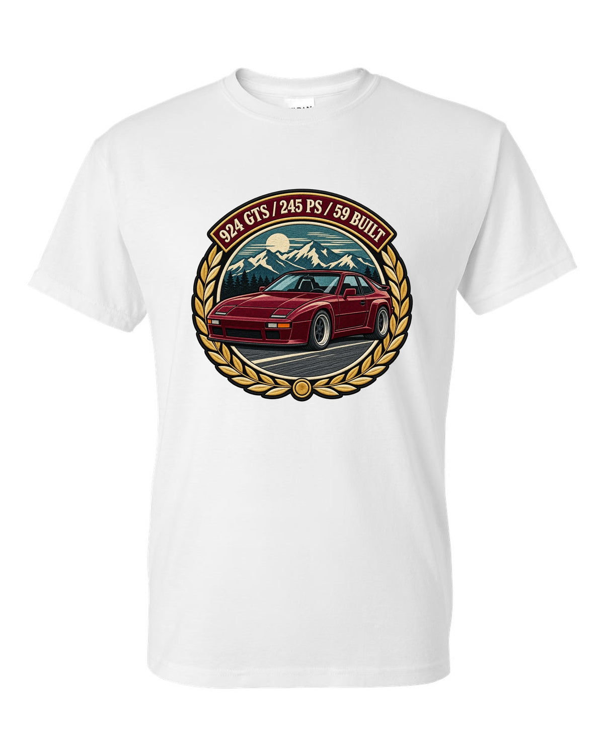 Embroidery-style racing crest for the Porsche 924 GTS with 245 PS and 59 built lettering white t-shirt front view with the design