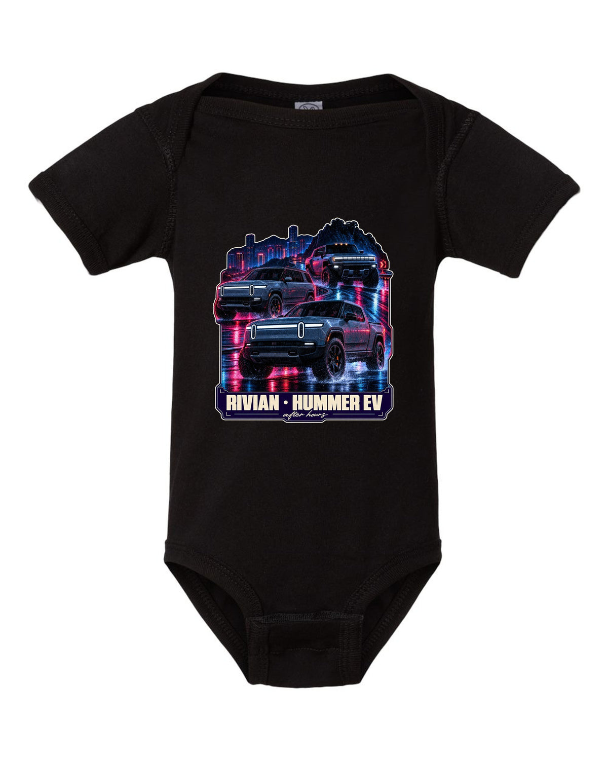Night street print of the Range Rover Sport SV L461 on a wet road at 2 AM black baby onesie front view with the design