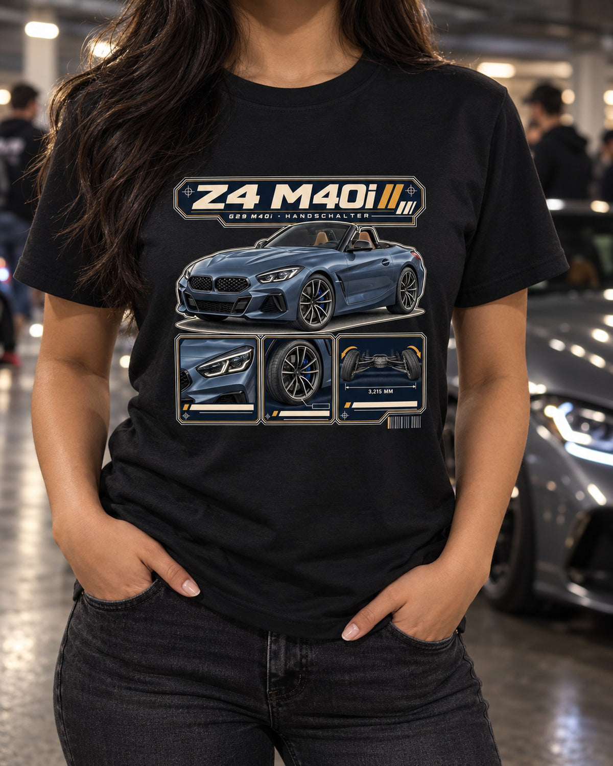 BMW i7 M70 G70 Dossier Panels Tee, Rear Wheel Steering T-Shirt Black worn hero