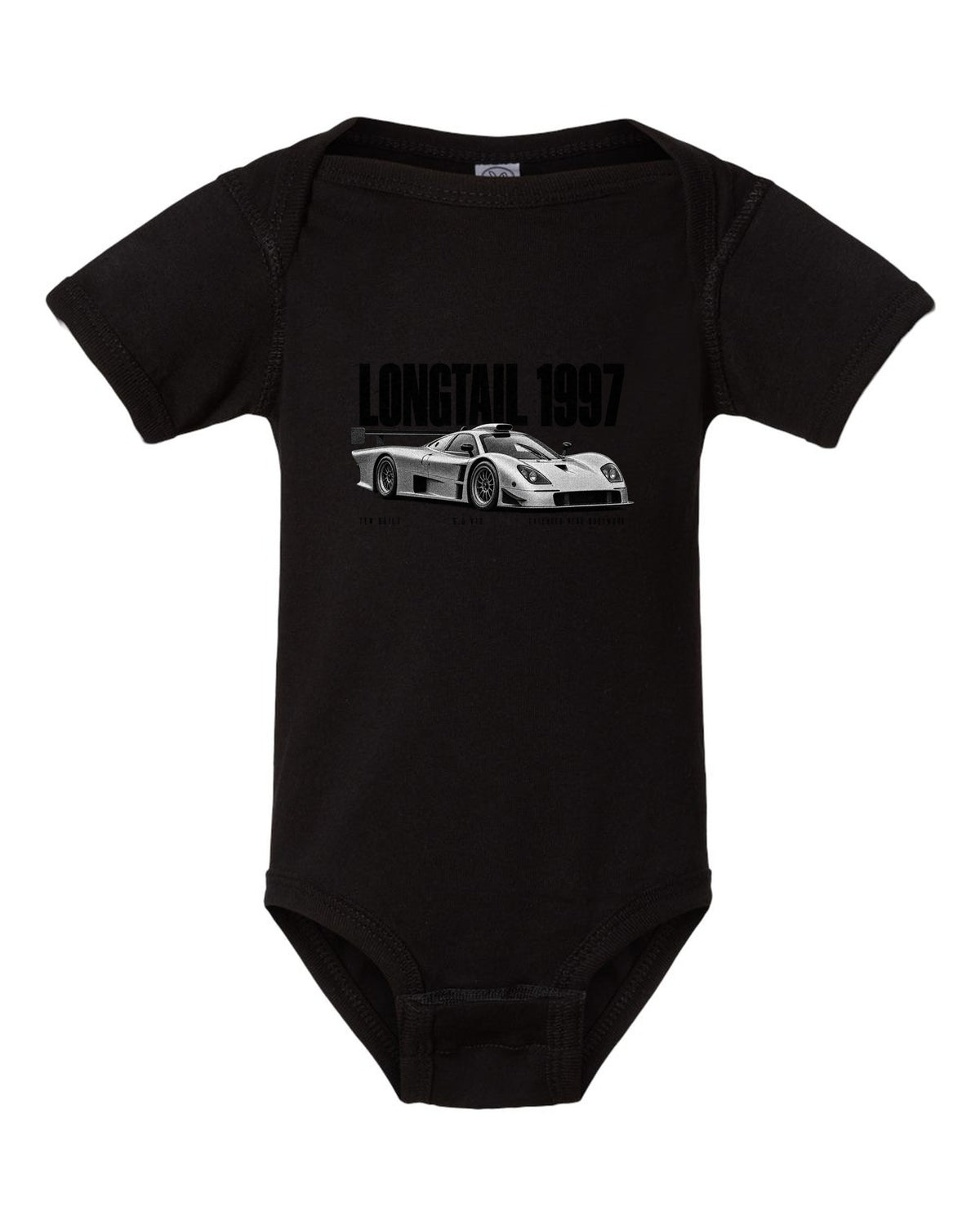 Halftone print of a 1997 McLaren F1 GTR Longtail with extended rear bodywork black baby onesie front view with the design