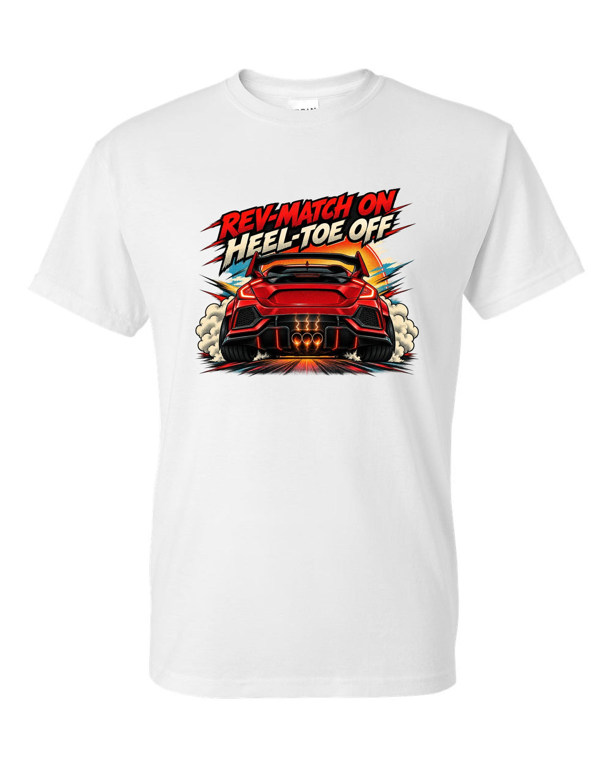 Halftone comic style Honda Civic Type R FK8 print with rev-match joke white t-shirt front view with the design