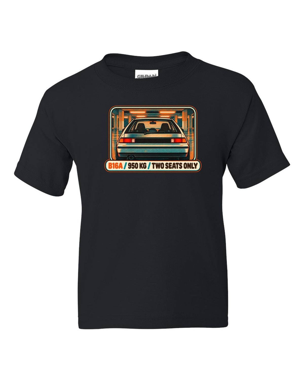 Grunge stencil print of a Honda NSX-R with No A/C No Stereo lettering black kids tee front view with the design