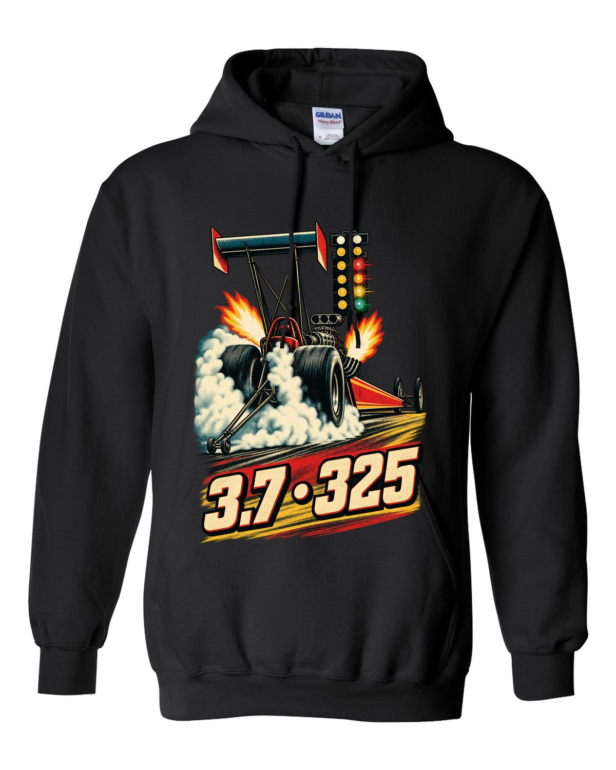 Retro poster style Top Fuel dragster doing a burnout with halftone smoke and 3.7 325 lettering black pull over hoodie front view with the design