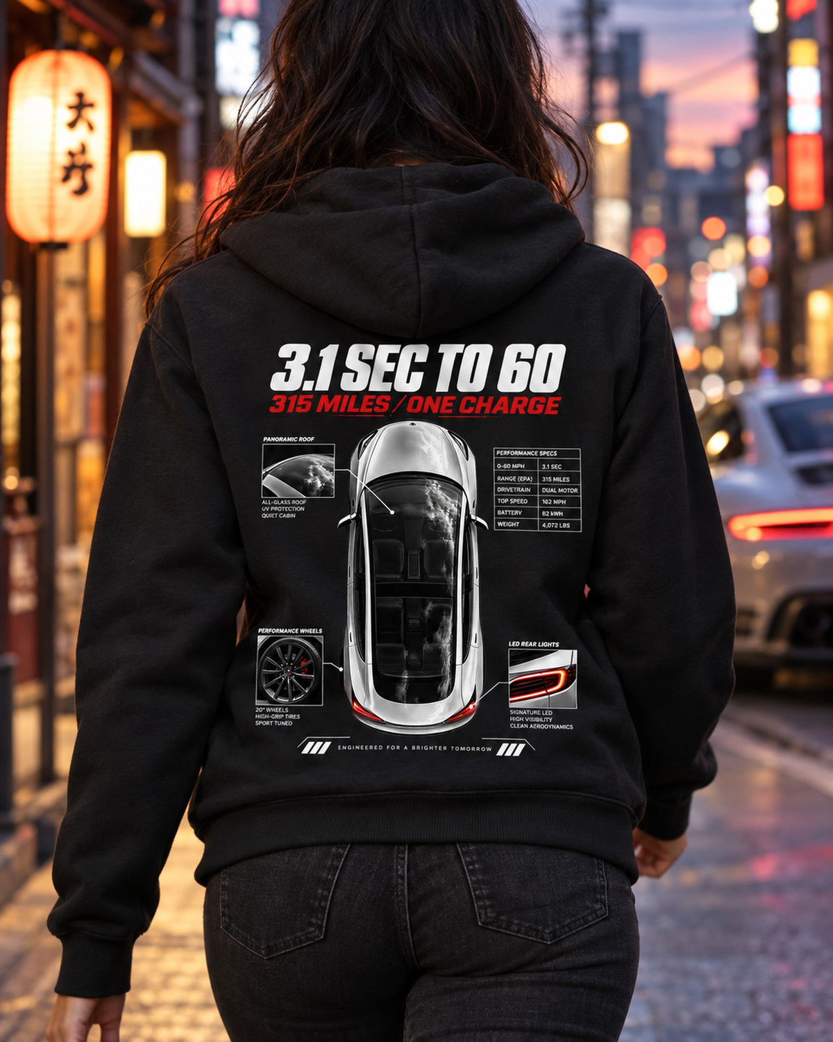 Tesla Model 3 Performance Top-Down Spec Poster Shirt Zip Hoodie Black worn hero