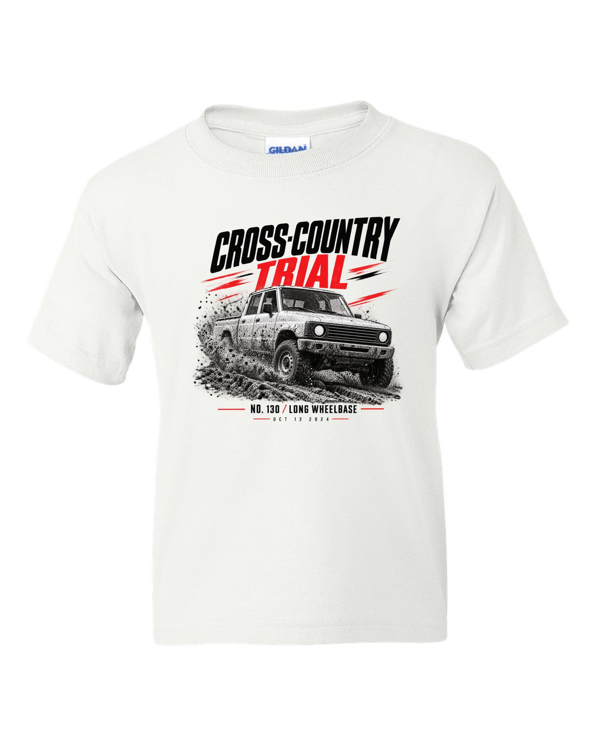 Land Rover Defender 130 cross-country trial race poster print white kids tee front view with the design