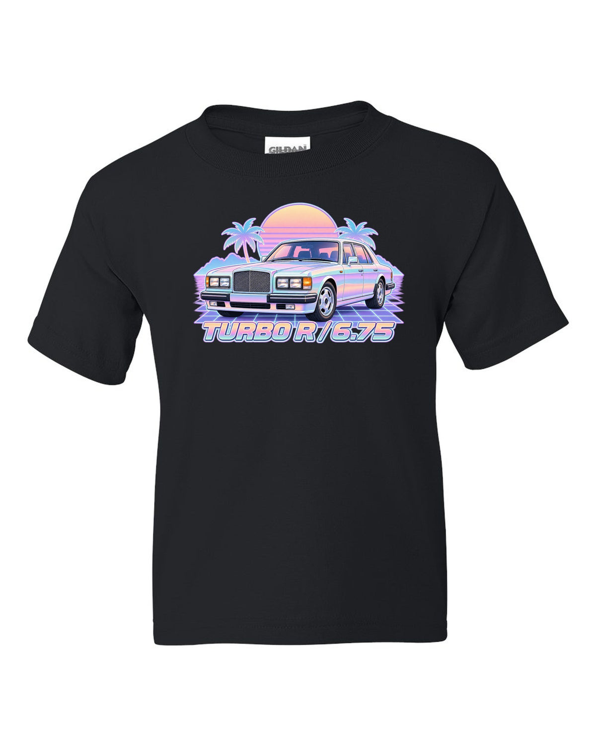Pastel vaporwave illustration of a Bentley Turbo R front grille with TURBO R 6.75 lettering black kids tee front view with the design