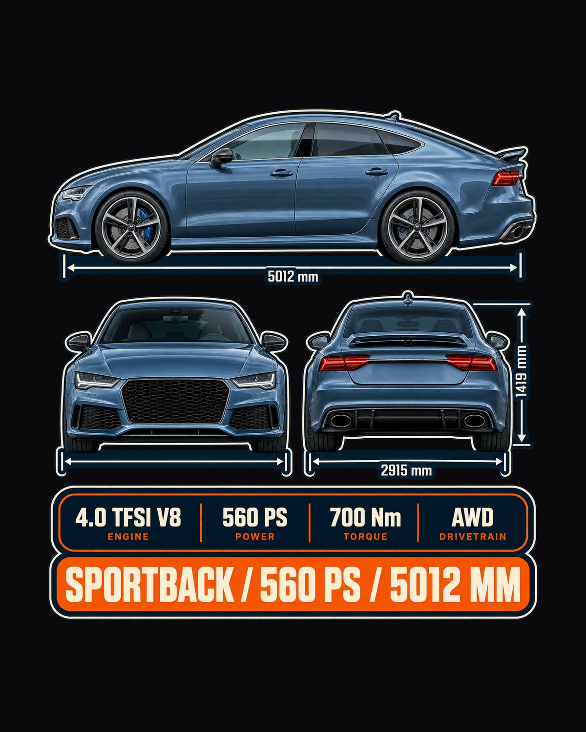 Audi RS7 Sportback C7 Three-View Tee, 560 PS Spec Graphic design only
