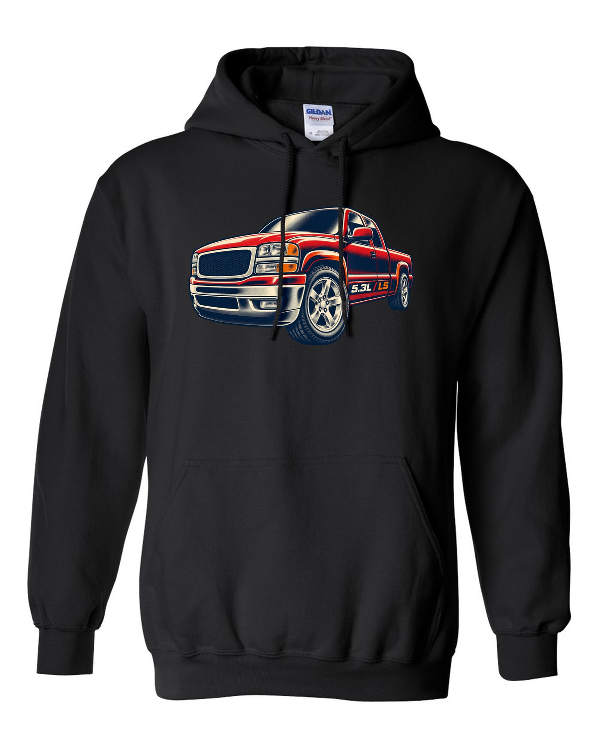 Retro screen-print wheel close-up print for a 1999-2006 Chevrolet Silverado GMT800 with 5.3L LS text black pull over hoodie front view with the design