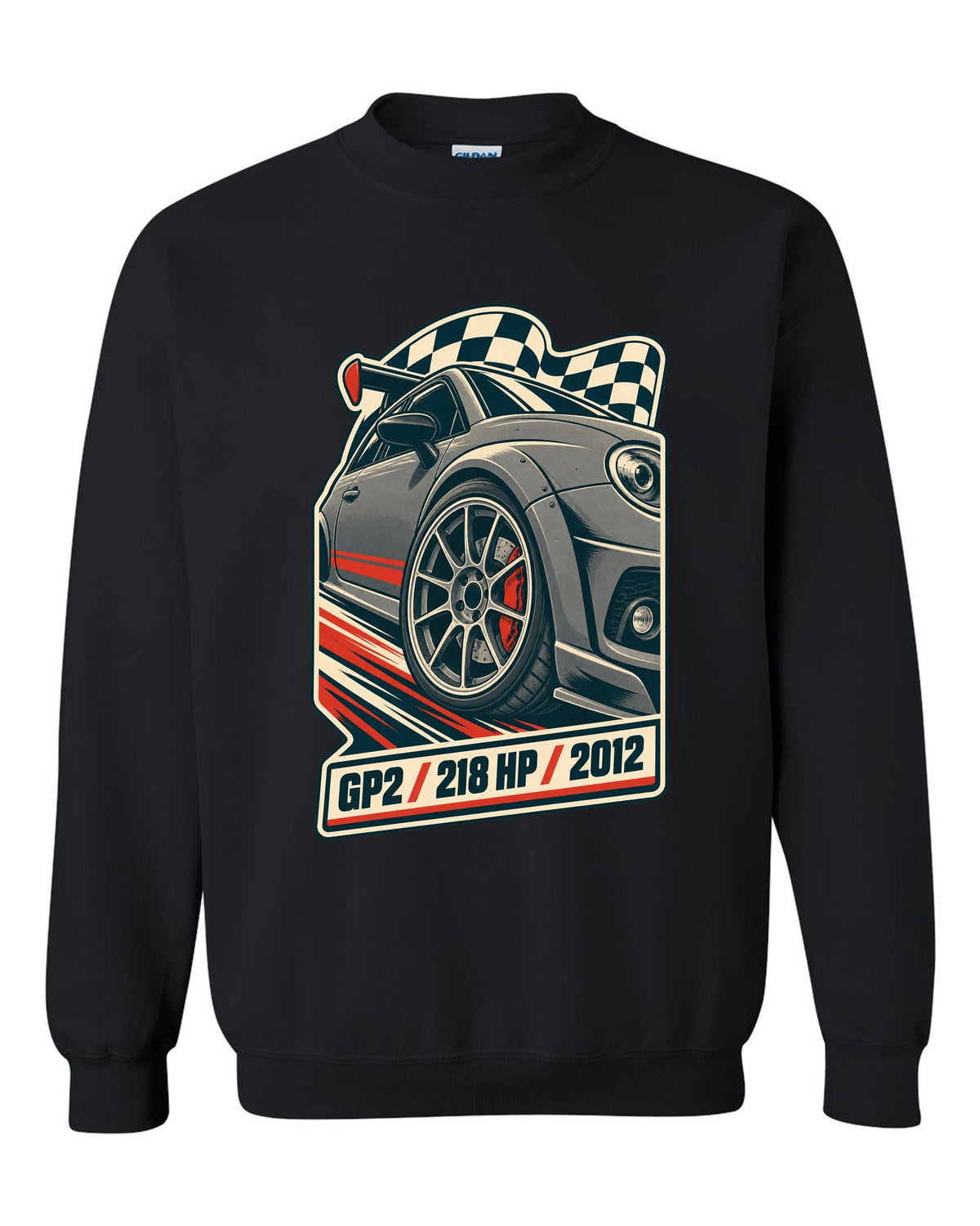 Vintage race poster of the Mini Cooper GP2 R56 with 218 HP and 2012 text black crewneck front view with the design