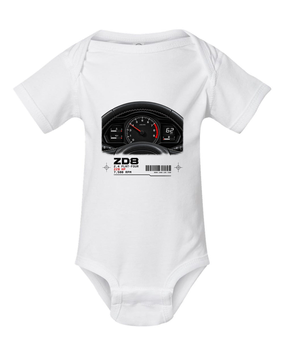 Cockpit gauge cluster print for the Subaru BRZ ZD8 with 2.4 flat-four, 228 HP and 7,500 RPM text white baby onesie front view with the design