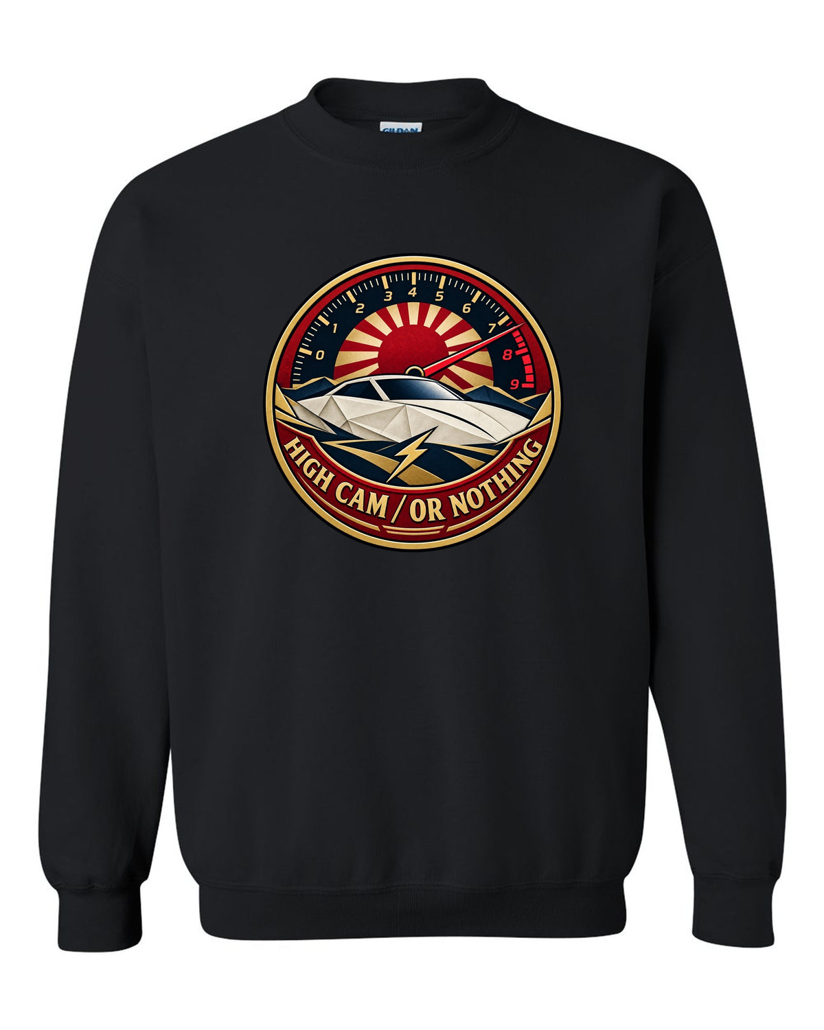 Origami-style crest of a Toyota Celica ZZT231 with the words High Cam or Nothing black crewneck front view with the design