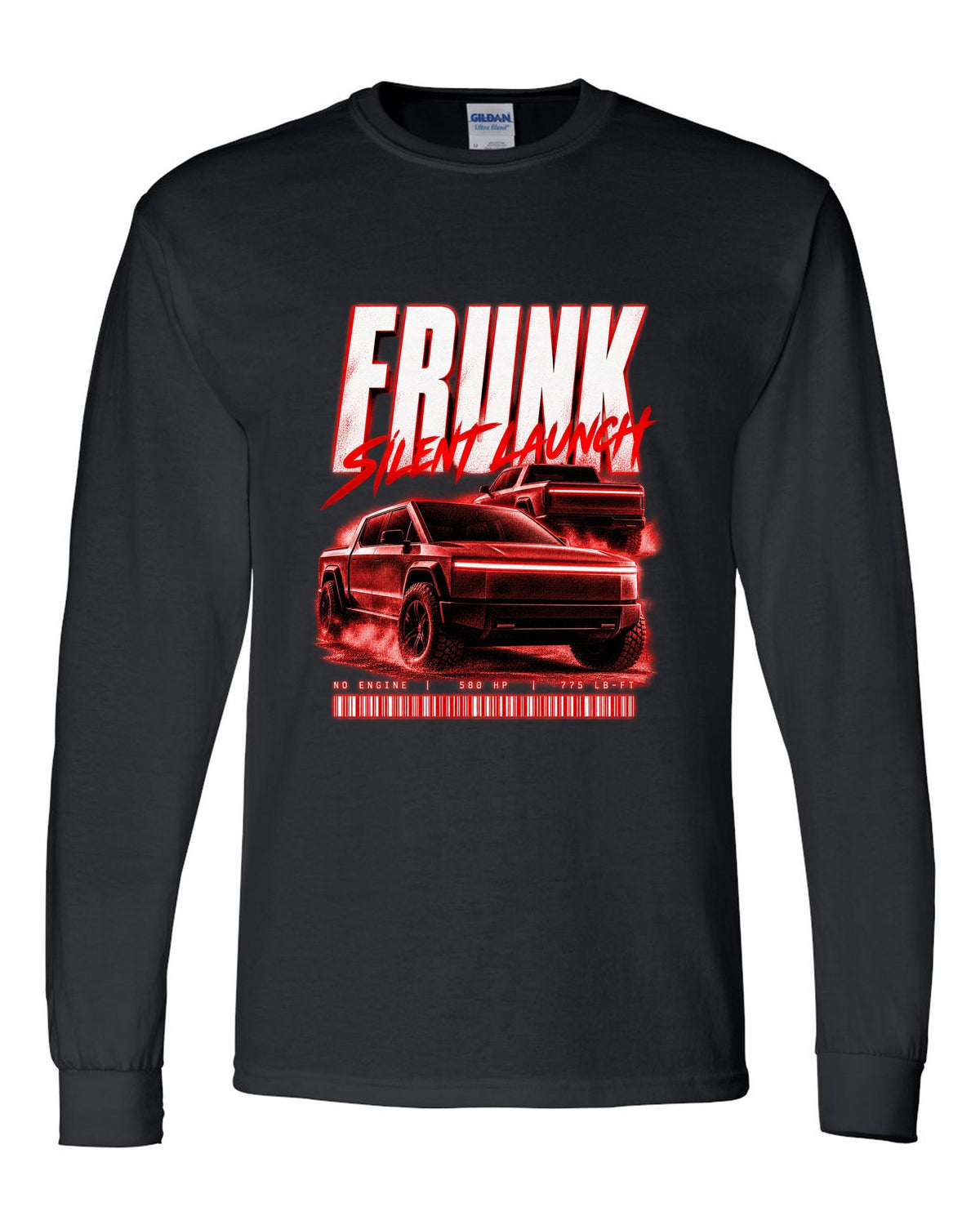 Ford F-150 Lightning EV street poster print with frunk, silent launch and 775 lb-ft black long sleeve front view with the design