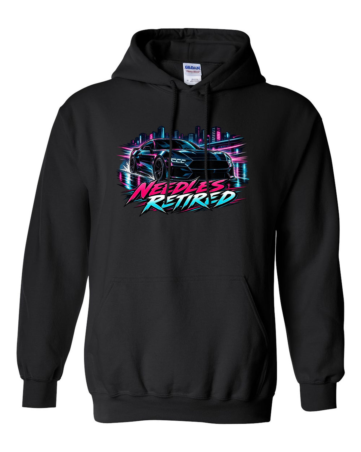 Cel-shaded anime night touge print of a 2024 S650 Mustang coupe with Needles Retired text black pull over hoodie front view with the design