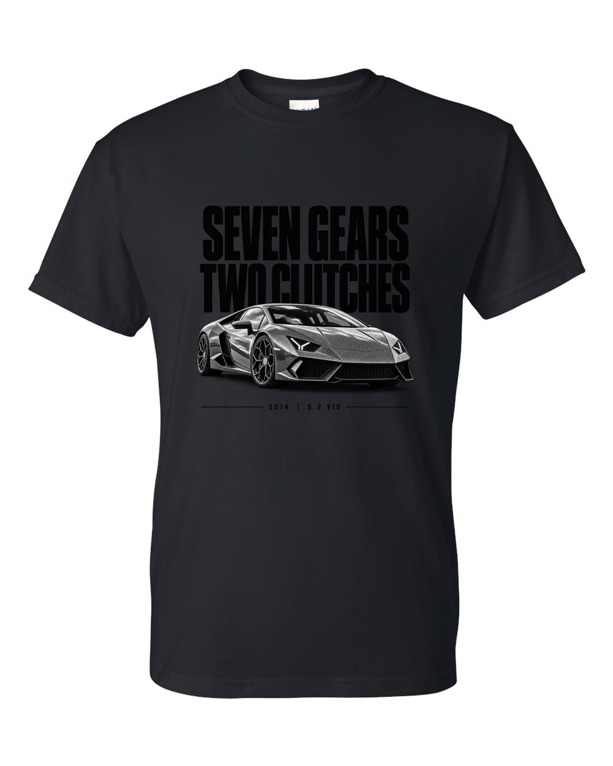Halftone statement print of a Lamborghini Huracan LP610-4 with Seven Gears, Two Clutches text black t-shirt front view with the design