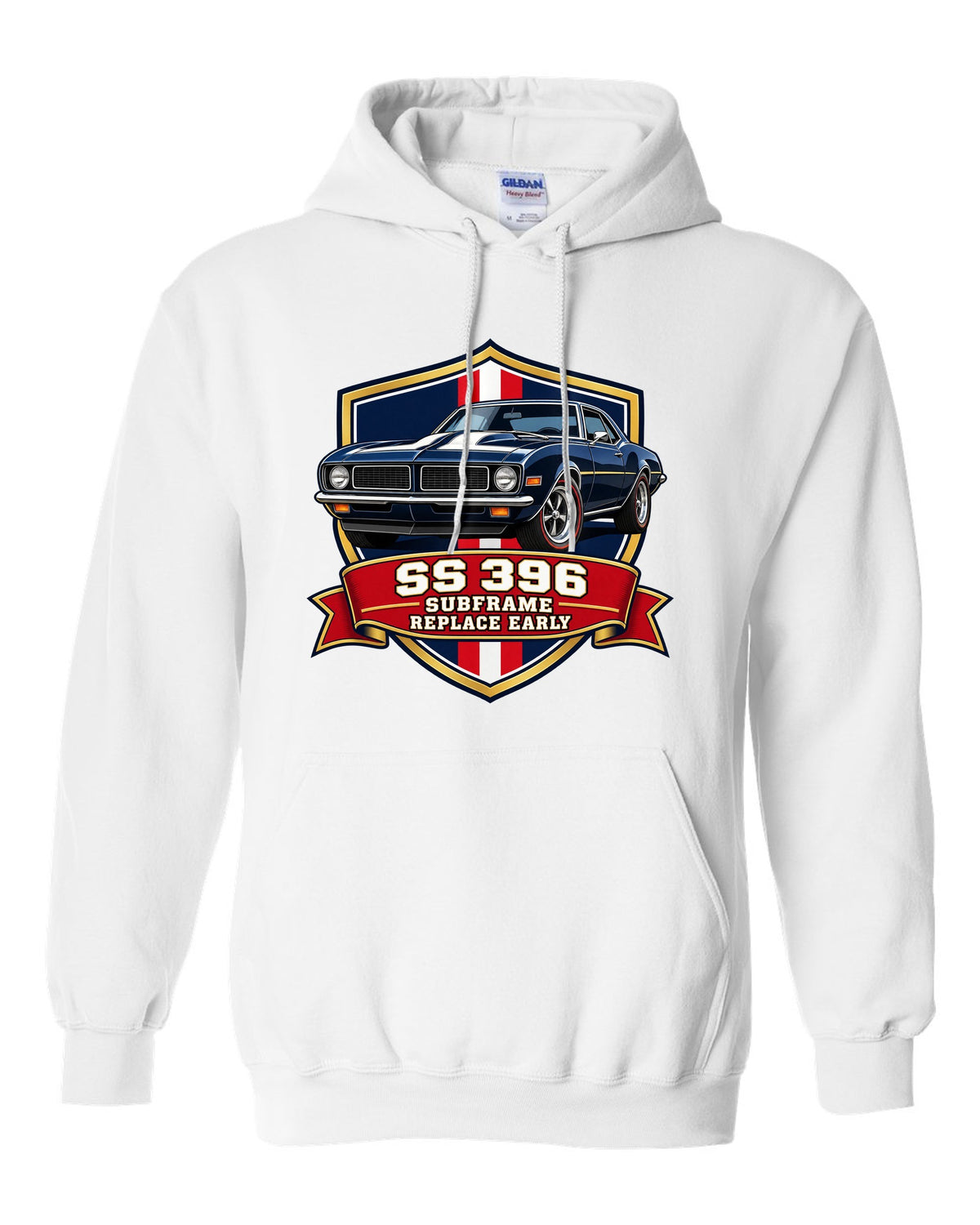 1968 Camaro SS 396 in a varsity shield design with text SS 396 Subframe Replace Early white pull over hoodie front view with the design