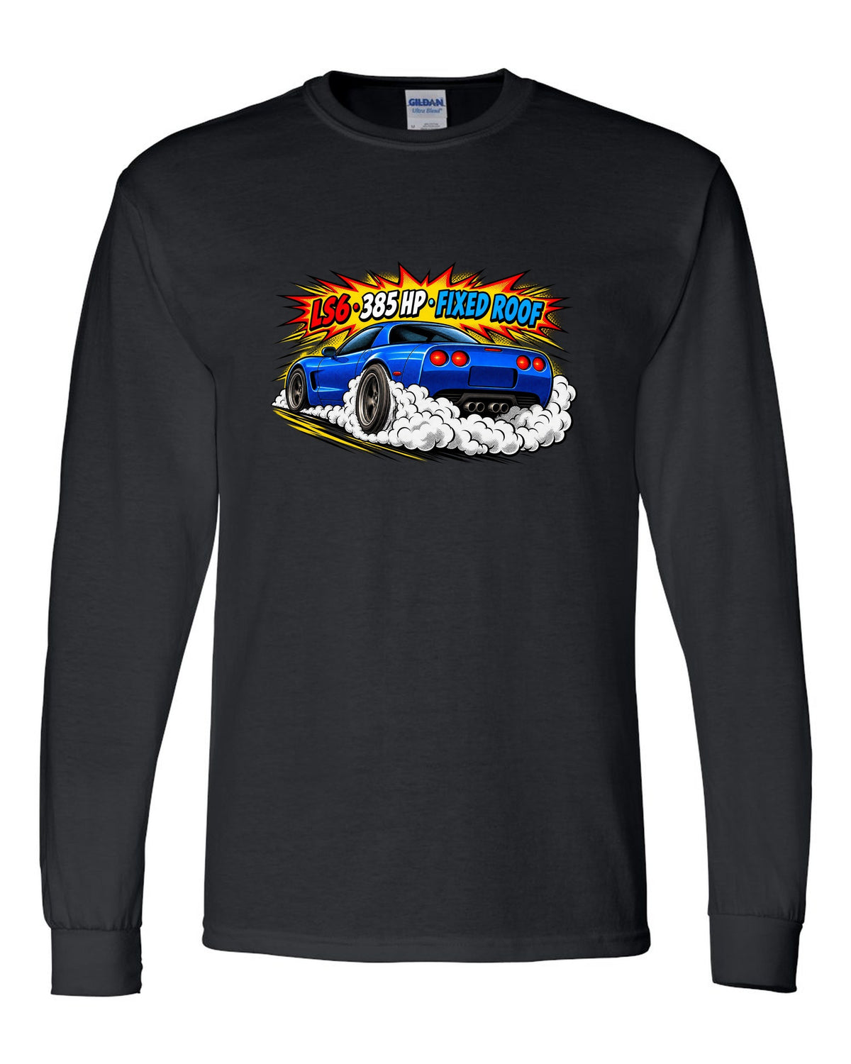 Comic halftone pop-art print of a 2001 Chevrolet Corvette C5 Z06 with LS6 385 HP Fixed Roof text black long sleeve front view with the design