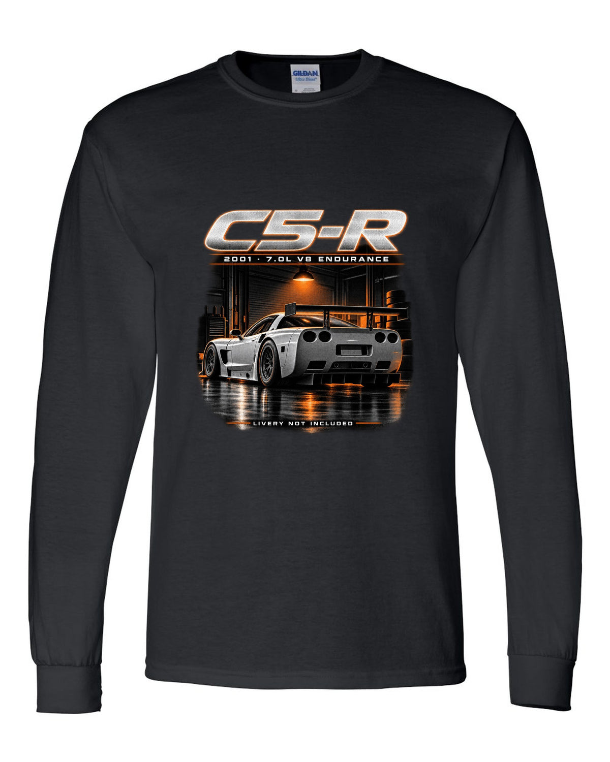 Corvette C5-R race car with big rear wing in a night garage black long sleeve front view with the design