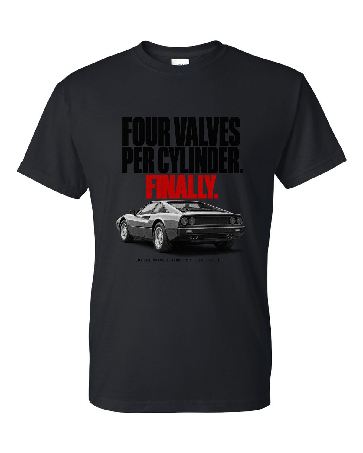 Ferrari 308 GTB Quattrovalvole 1982 rear three-quarter halftone print, four valves per cylinder black t-shirt front view with the design