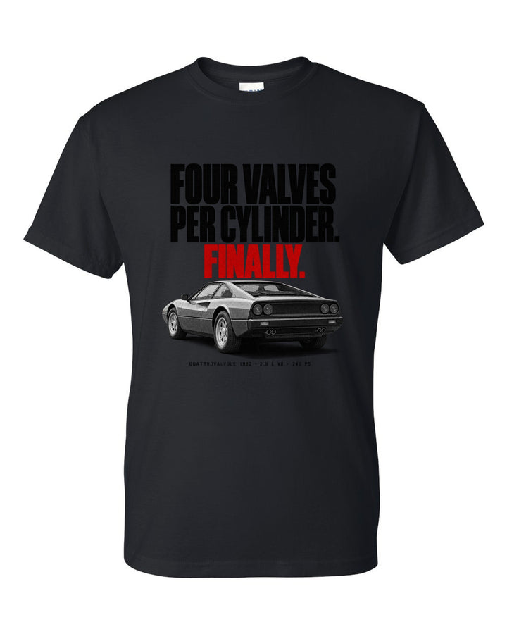 Ferrari 308 GTB Quattrovalvole 1982 rear three-quarter halftone print, four valves per cylinder black t-shirt front view with the design
