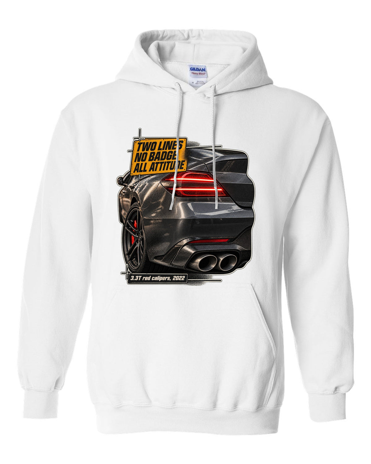 Taillight macro print of the Genesis G70 3.3T rear with two light lines white pull over hoodie front view with the design