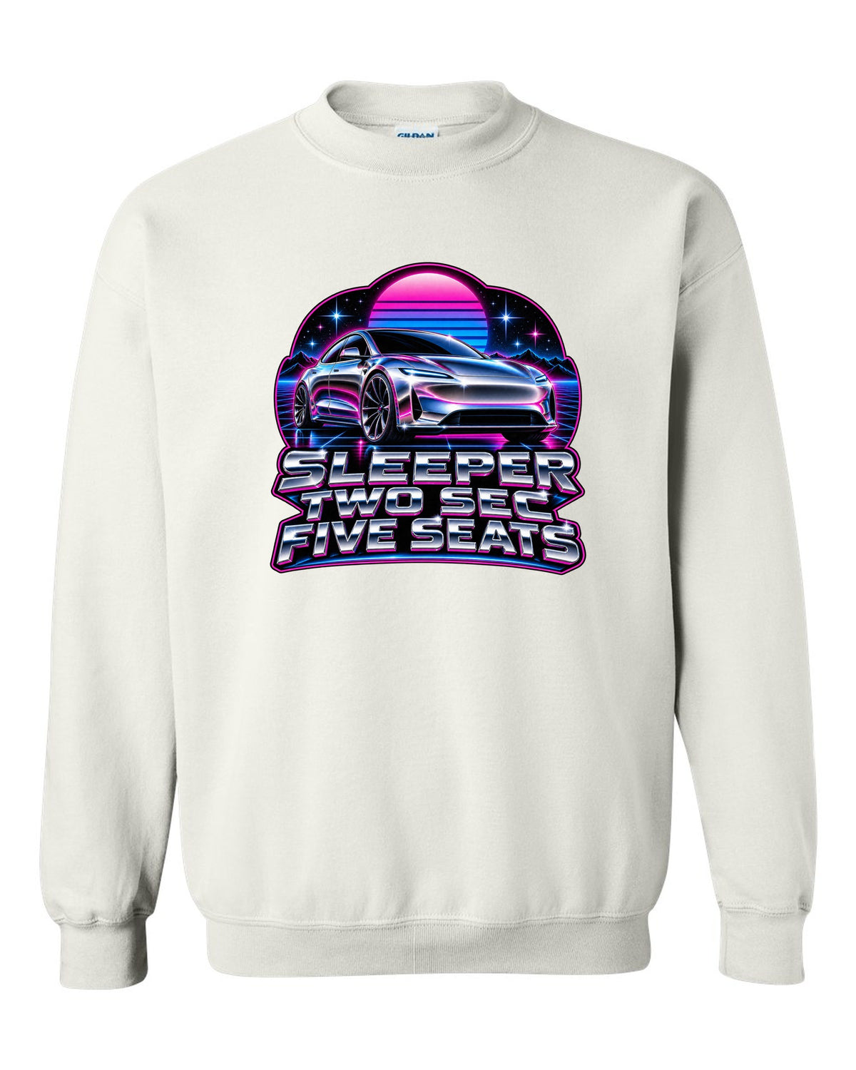 80s chrome airbrush art of a 2021 Tesla Model S Plaid with the words Sleeper Two Sec Five Seats white crewneck front view with the design