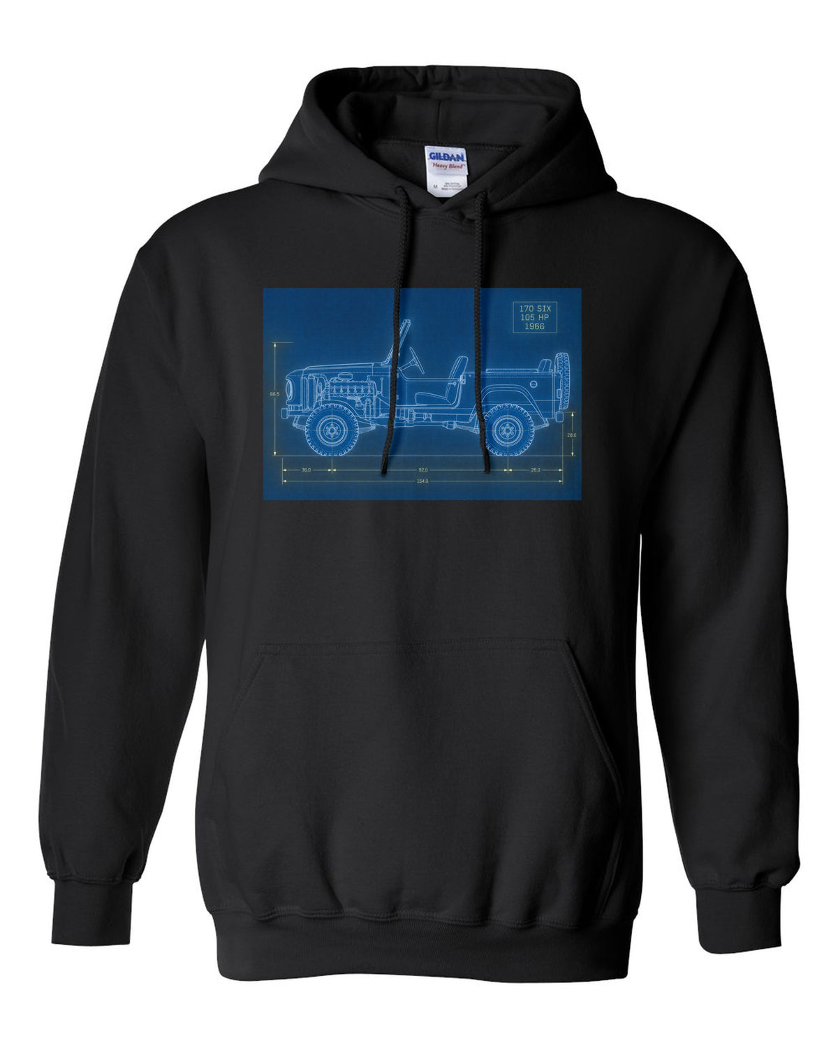 Blueprint-style line art of a 1966 Ford Bronco U13 roadster at a trailhead with 170 SIX 105 HP notes black pull over hoodie front view with the design