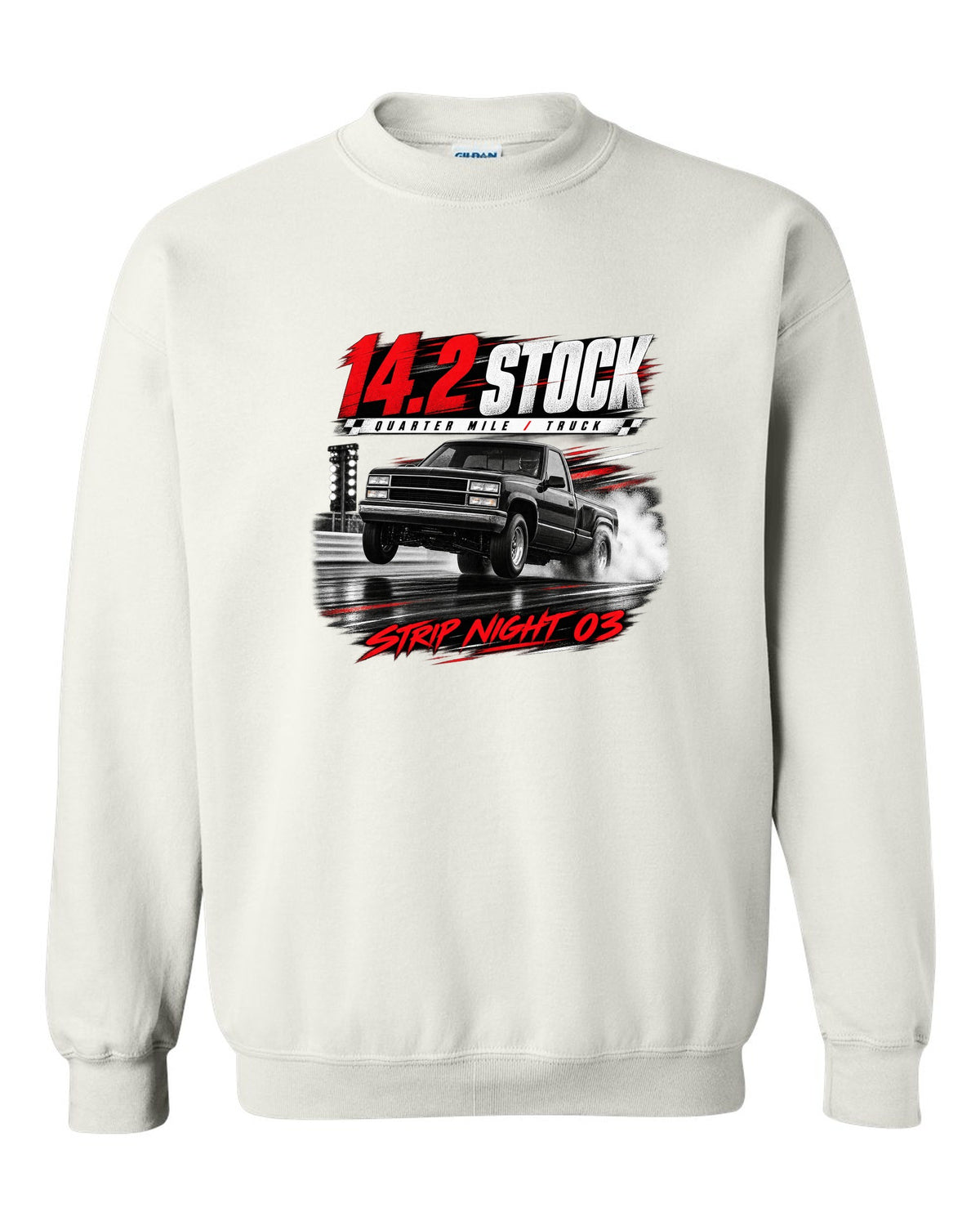 Race poster print of a 1993-95 Ford F-150 SVT Lightning with 14.2 quarter mile text white crewneck front view with the design