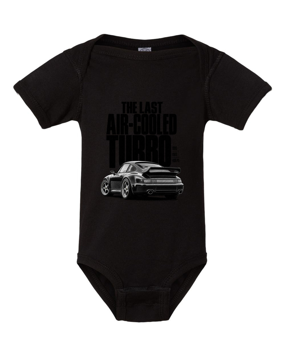 Halftone print of the Porsche 911 Turbo (993) with the line The Last Air-Cooled Turbo black baby onesie front view with the design