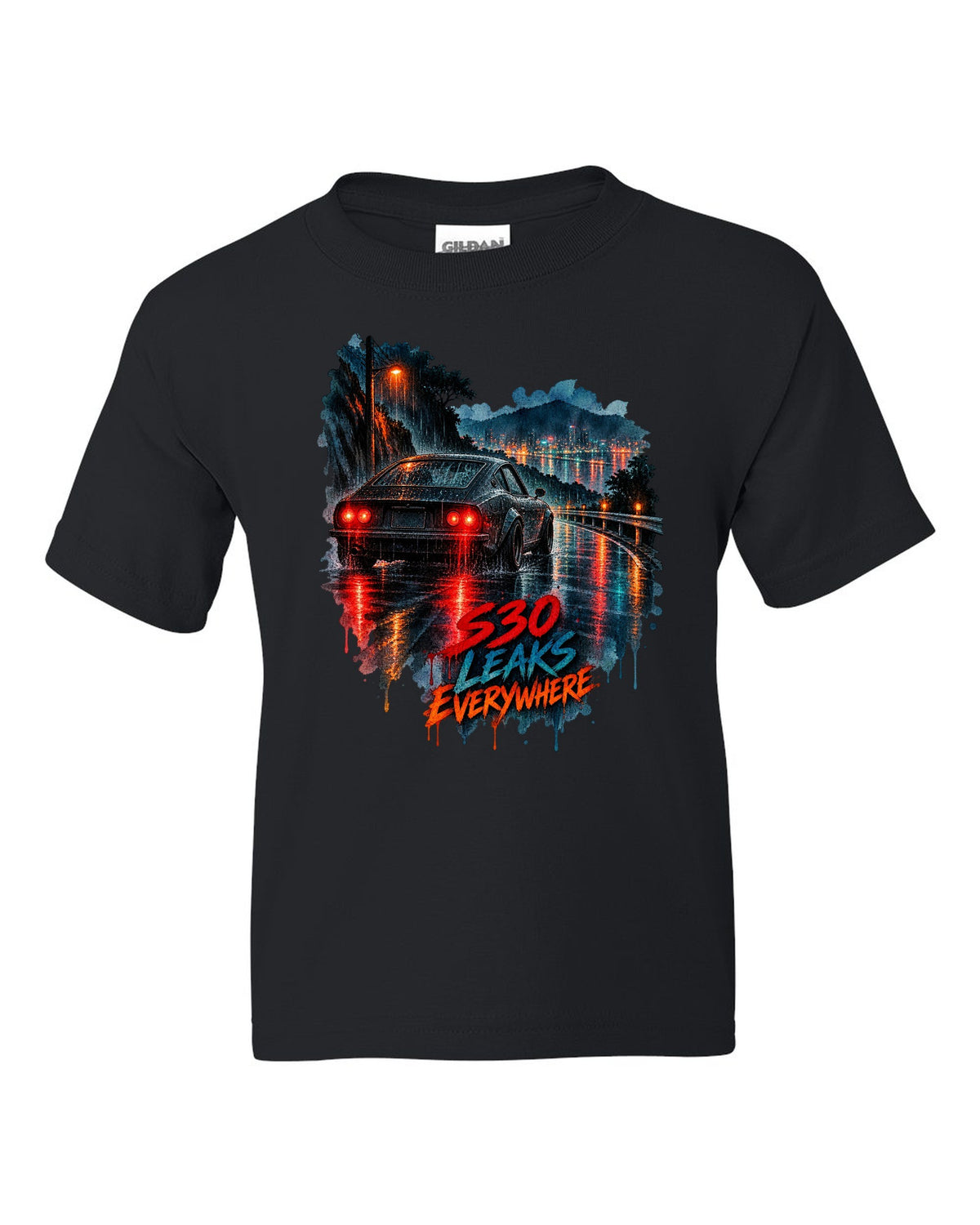 Watercolour wet-road night print of a Nissan Fairlady Z S30 with leaks everywhere lettering black kids tee front view with the design