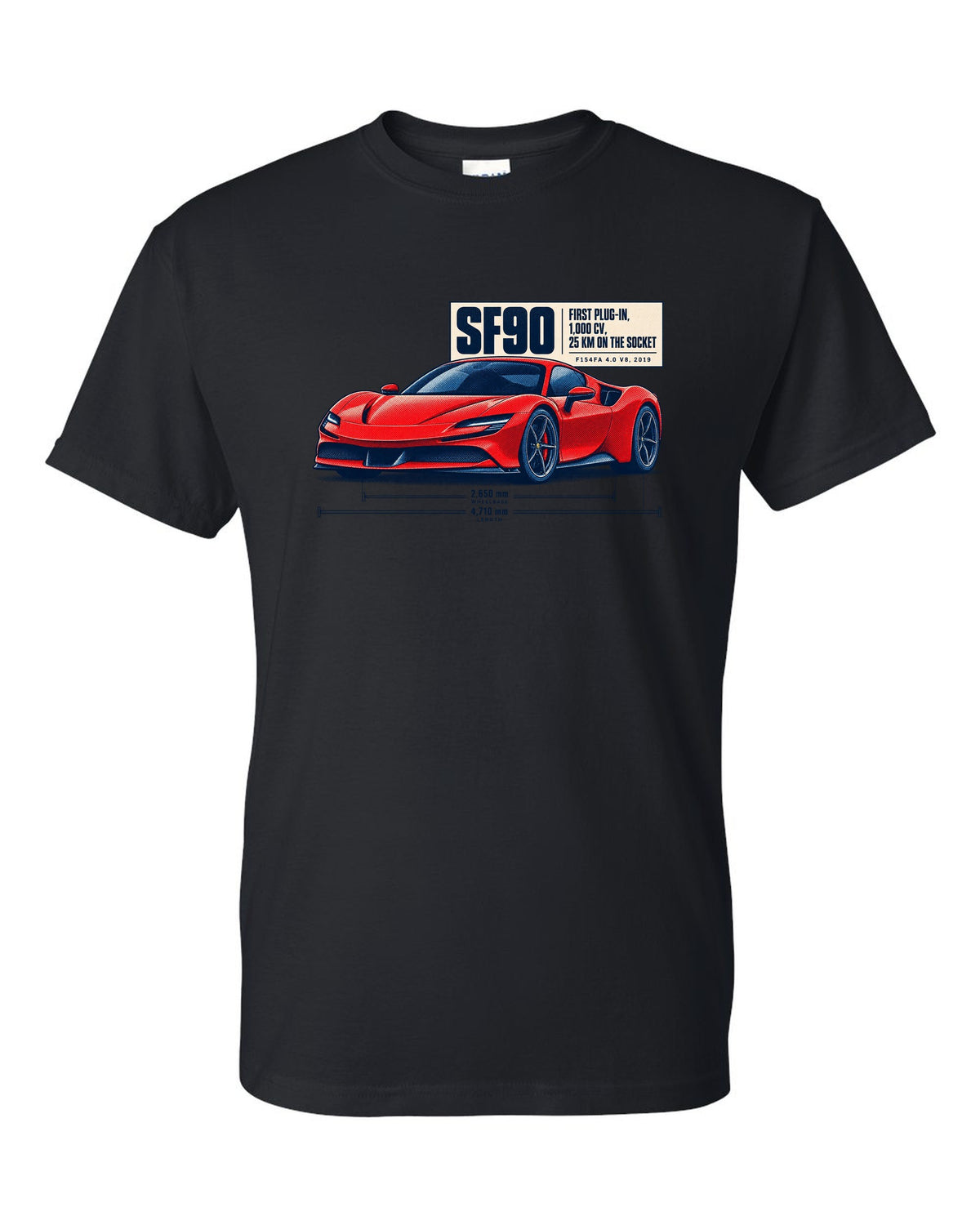 Ferrari SF90 Stradale halftone print with first plug-in, 1,000 CV text black t-shirt front view with the design